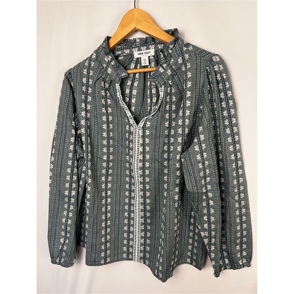 Nine West Green Patterned Long Sleeve Striped Blouse Size XXL‎